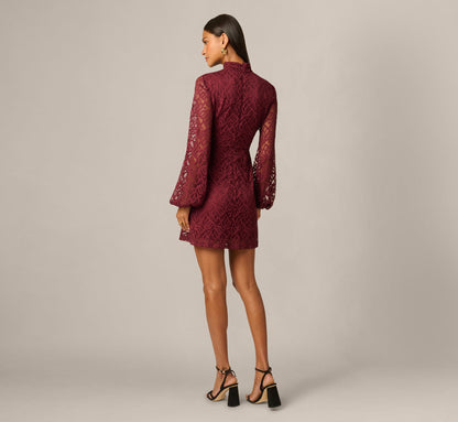 Lantern Sleeve Stretch Lace Blouson Short Dress - Burgundy | Adrianna Papell