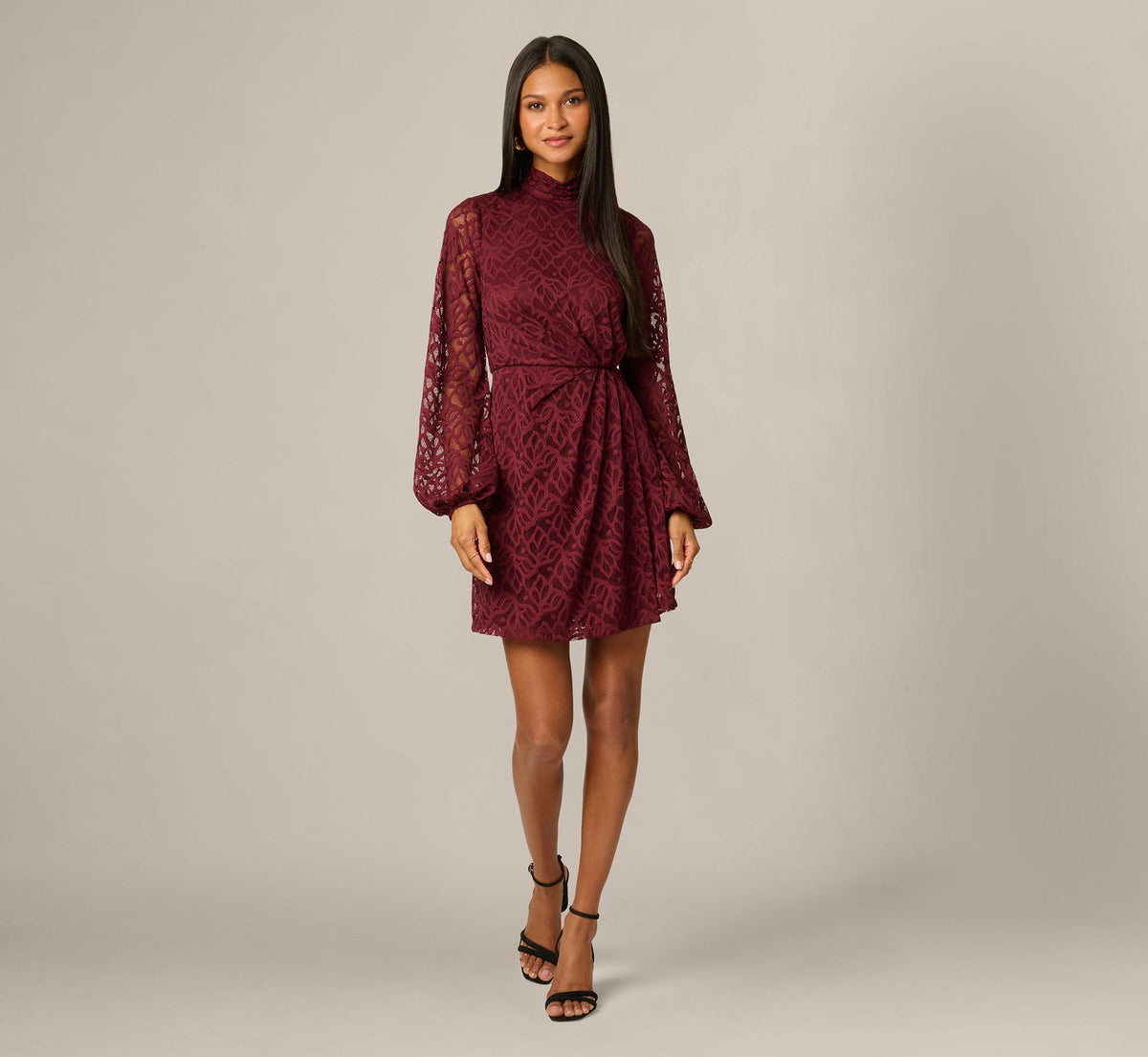 Lantern Sleeve Stretch Lace Blouson Short Dress - Burgundy | Adrianna Papell