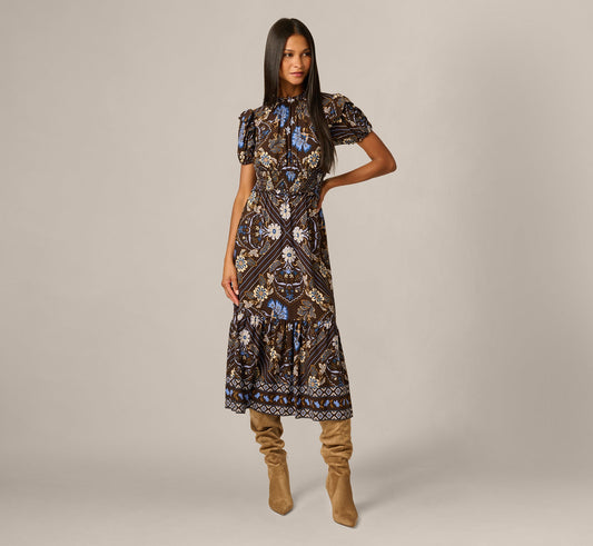 Short Sleeve Floral Scarf Print Ruffle Midi Dress - Brown Multi | Adrianna Papell