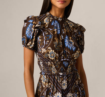 Short Sleeve Floral Scarf Print Ruffle Midi Dress - Brown Multi | Adrianna Papell