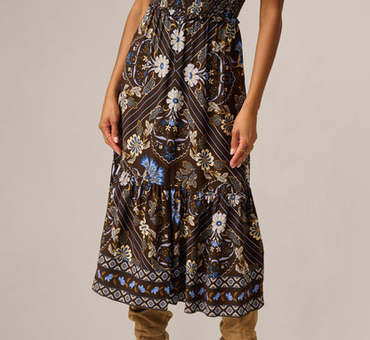 Short Sleeve Floral Scarf Print Ruffle Midi Dress - Brown Multi | Adrianna Papell