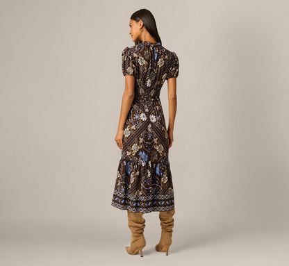 Short Sleeve Floral Scarf Print Ruffle Midi Dress - Brown Multi | Adrianna Papell