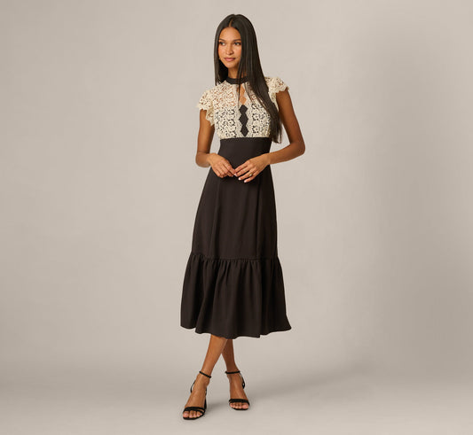 Flutter Sleeve Lace Ruffle Hem Combo Dress - Black Ivory | Adrianna Papell