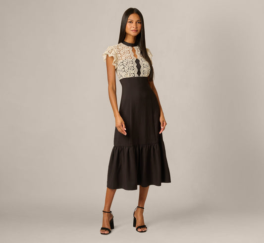 Flutter Sleeve Lace Ruffle Hem Combo Dress - Black Ivory | Adrianna Papell