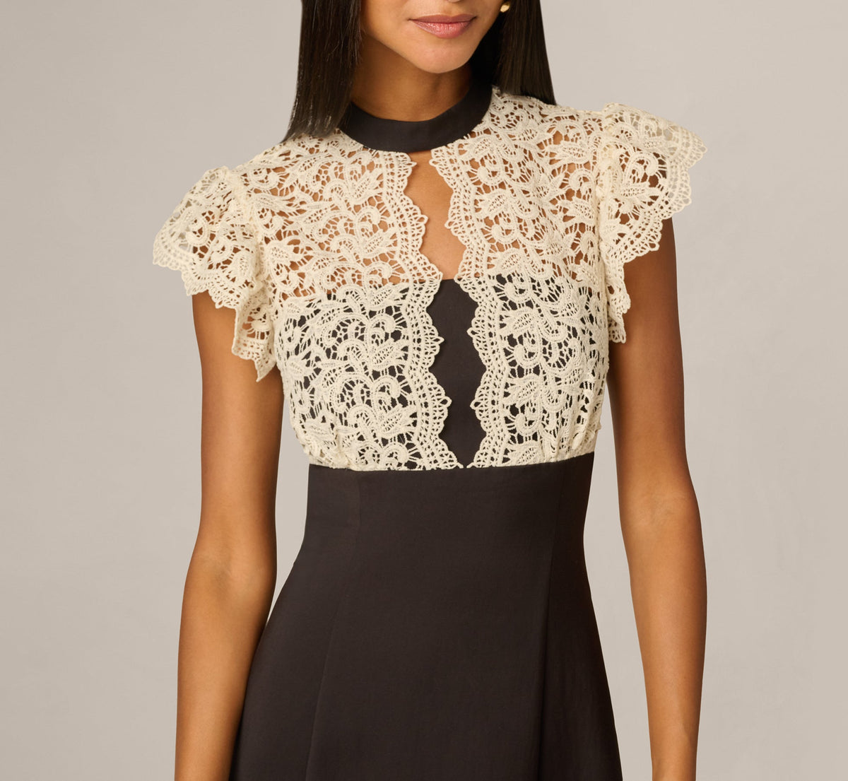 Flutter Sleeve Lace Ruffle Hem Combo Dress - Black Ivory | Adrianna Papell