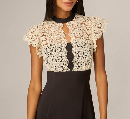 Flutter Sleeve Lace Ruffle Hem Combo Dress - Black Ivory | Adrianna Papell