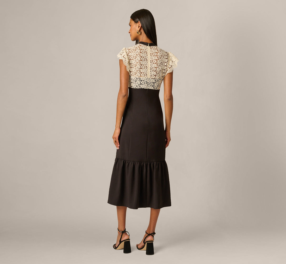 Flutter Sleeve Lace Ruffle Hem Combo Dress - Black Ivory | Adrianna Papell