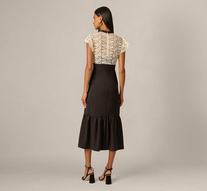 Flutter Sleeve Lace Ruffle Hem Combo Dress - Black Ivory | Adrianna Papell