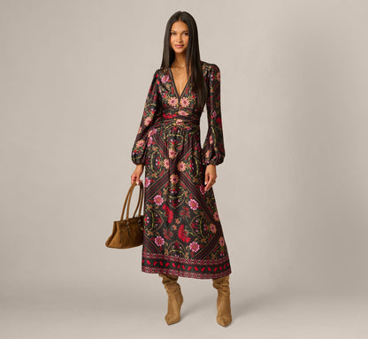 Long Sleeve Textured Satin Floral Scarf Print Ankle Length Dress - Black Multi | Adrianna Papell