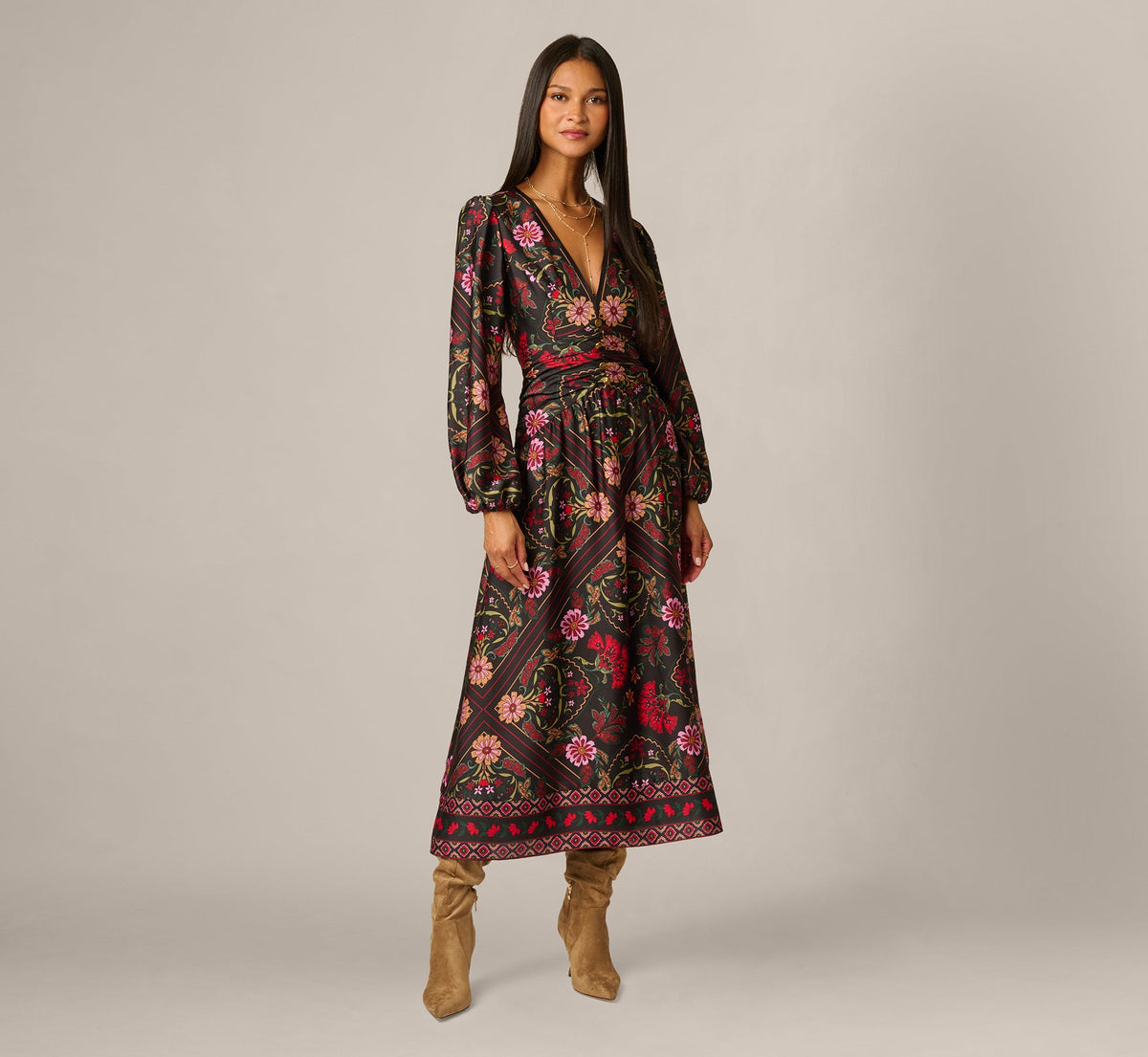 Long Sleeve Textured Satin Floral Scarf Print Ankle Length Dress - Black Multi | Adrianna Papell