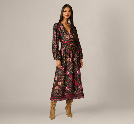 Long Sleeve Textured Satin Floral Scarf Print Ankle Length Dress - Black Multi | Adrianna Papell
