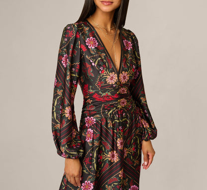 Long Sleeve Textured Satin Floral Scarf Print Ankle Length Dress - Black Multi | Adrianna Papell