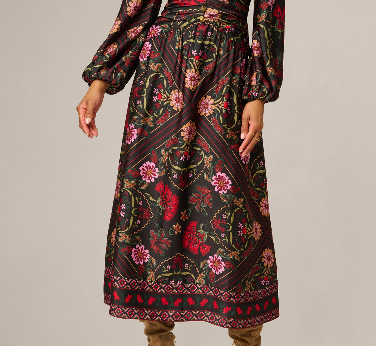 Long Sleeve Textured Satin Floral Scarf Print Ankle Length Dress - Black Multi | Adrianna Papell