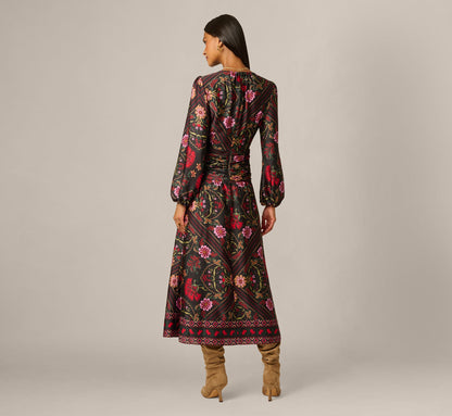 Long Sleeve Textured Satin Floral Scarf Print Ankle Length Dress - Black Multi | Adrianna Papell