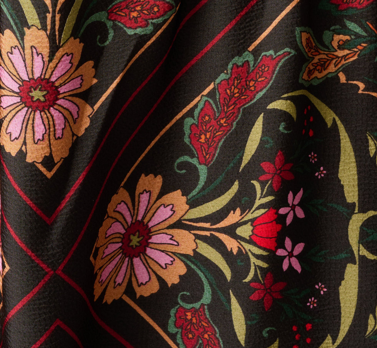 Long Sleeve Textured Satin Floral Scarf Print Ankle Length Dress - Black Multi | Adrianna Papell
