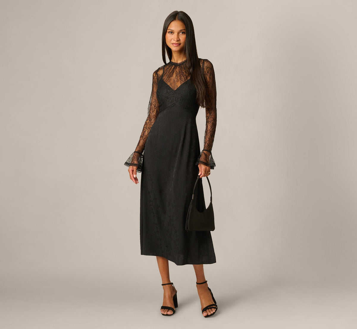 Long Sleeve Satin Lace Ankle Length Combo Dress - Black | Adrianna Papell