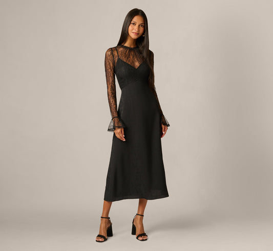 Long Sleeve Satin Lace Ankle Length Combo Dress - Black | Adrianna Papell
