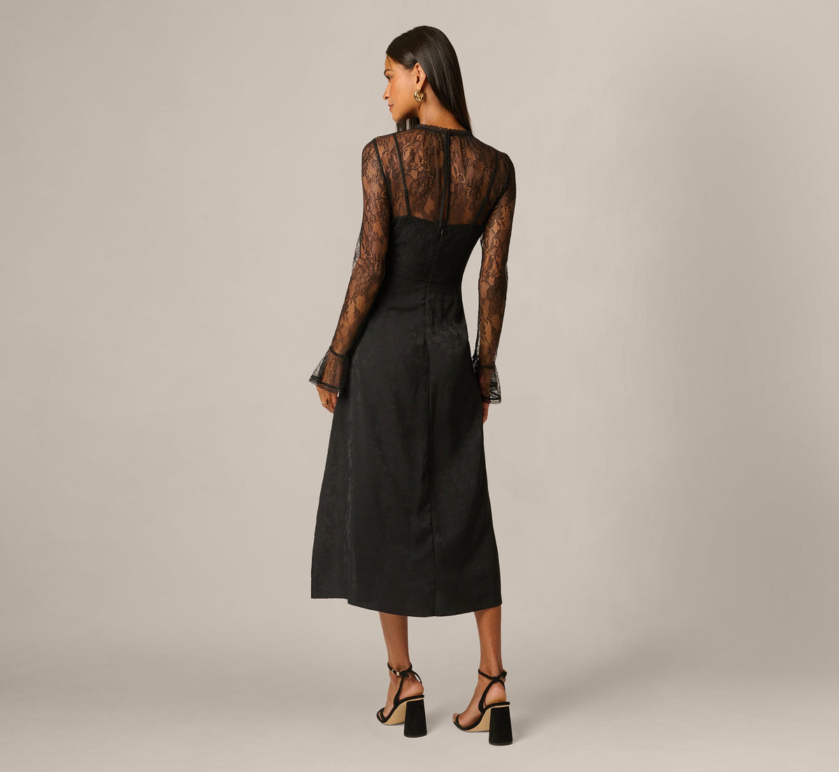 Long Sleeve Satin Lace Ankle Length Combo Dress - Black | Adrianna Papell