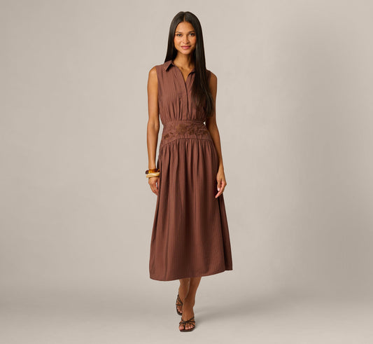 Pinstripe Floral Embroidered Yoke Midi Dress - Dark Brown | Adrianna Papell