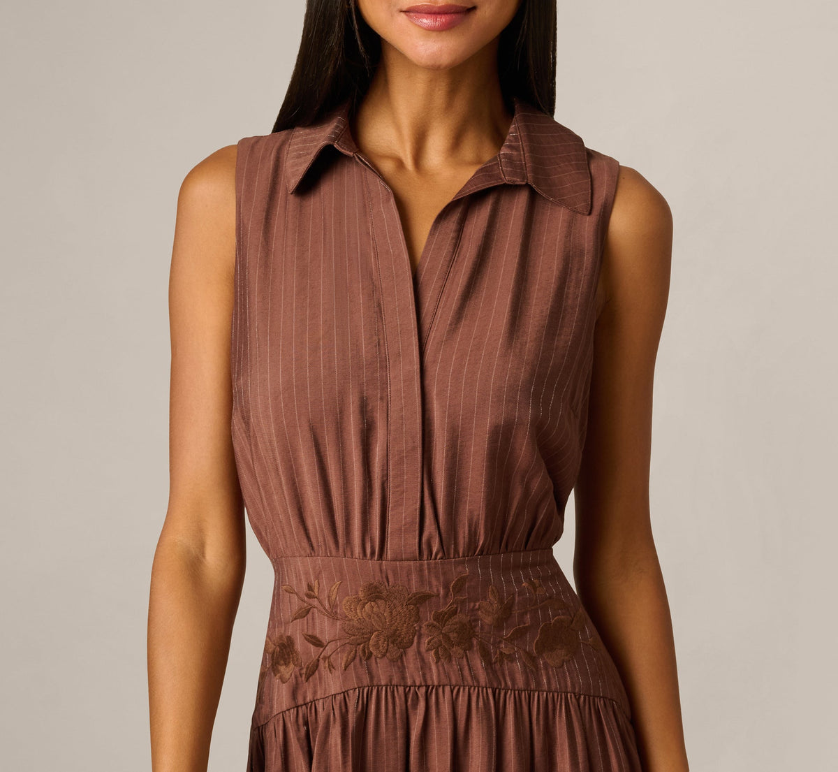 Pinstripe Floral Embroidered Yoke Midi Dress - Dark Brown | Adrianna Papell
