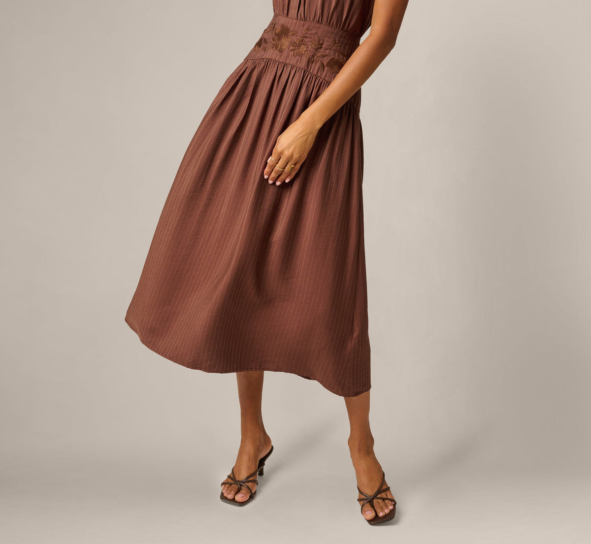 Pinstripe Floral Embroidered Yoke Midi Dress - Dark Brown | Adrianna Papell