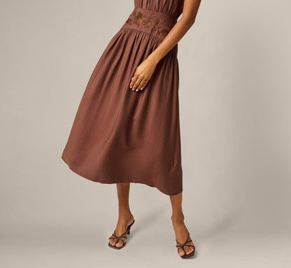 Pinstripe Floral Embroidered Yoke Midi Dress - Dark Brown | Adrianna Papell