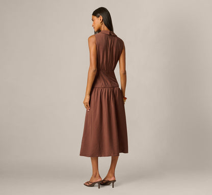 Pinstripe Floral Embroidered Yoke Midi Dress - Dark Brown | Adrianna Papell