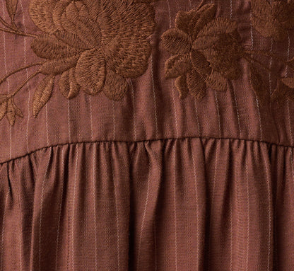 Pinstripe Floral Embroidered Yoke Midi Dress - Dark Brown | Adrianna Papell