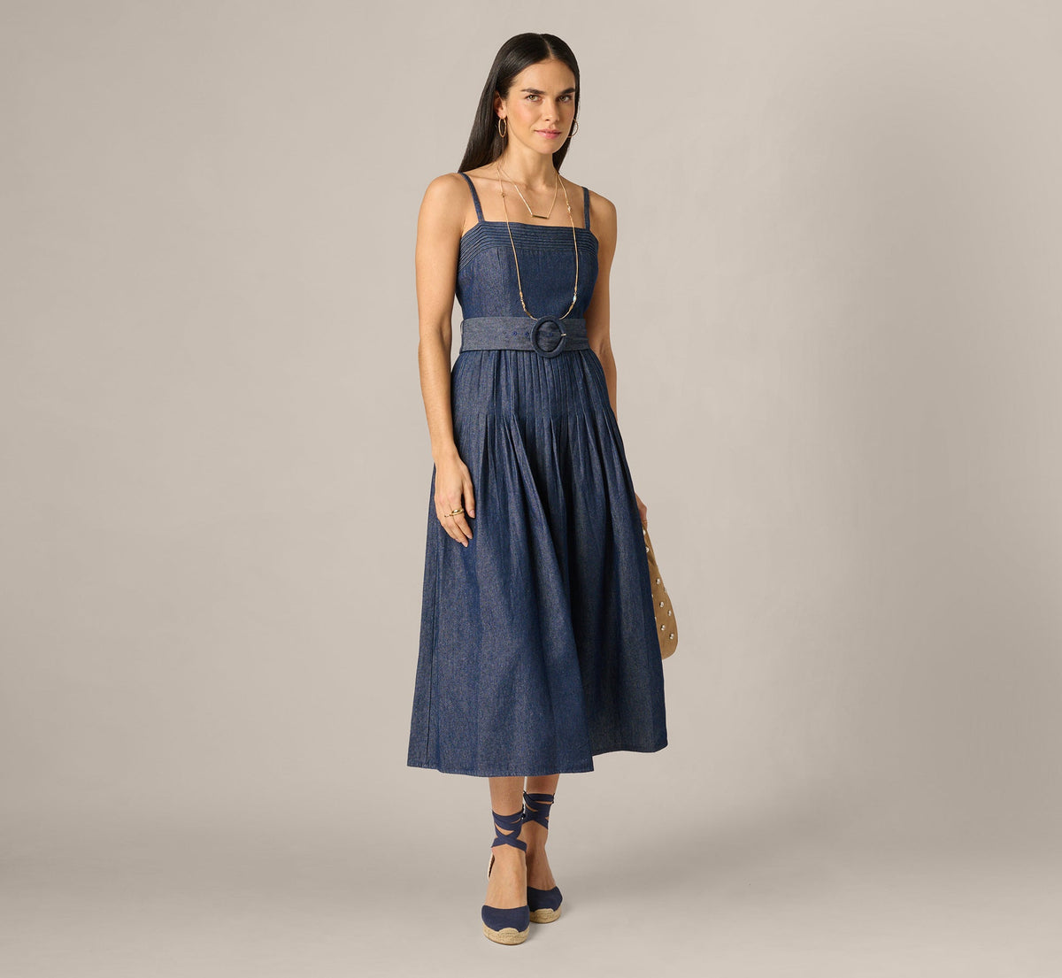 Cotton Denim Drop Waist Belted Midi Dress - Dark Denim | Adrianna Papell