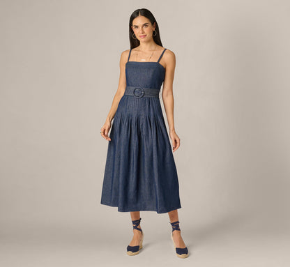 Cotton Denim Drop Waist Belted Midi Dress - Dark Denim | Adrianna Papell
