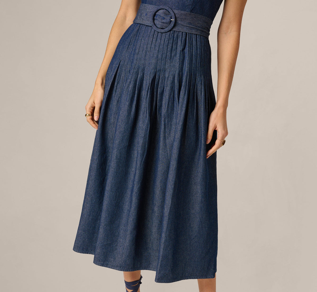 Cotton Denim Drop Waist Belted Midi Dress - Dark Denim | Adrianna Papell