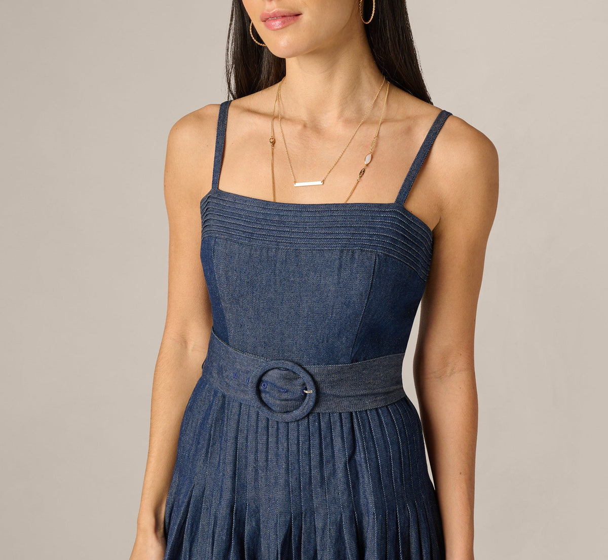 Cotton Denim Drop Waist Belted Midi Dress - Dark Denim | Adrianna Papell