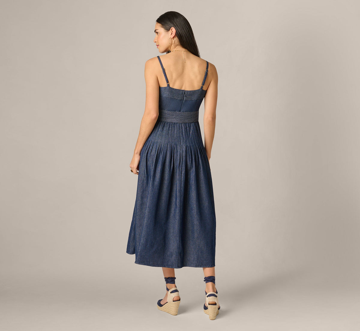 Cotton Denim Drop Waist Belted Midi Dress - Dark Denim | Adrianna Papell