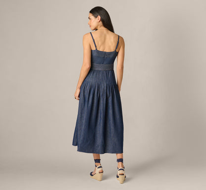 Cotton Denim Drop Waist Belted Midi Dress - Dark Denim | Adrianna Papell