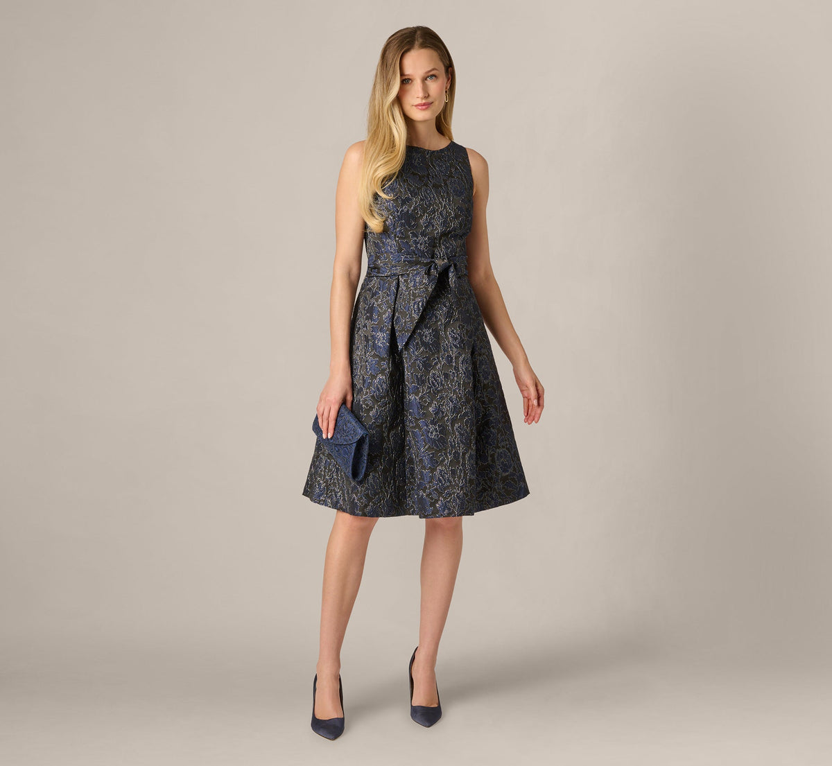 Jacquard Tie Front Fit And Flare Midi Dress - Black Navy | Adrianna Papell