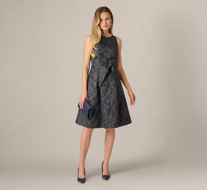 Jacquard Tie Front Fit And Flare Midi Dress - Black Navy | Adrianna Papell