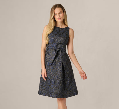 Jacquard Tie Front Fit And Flare Midi Dress - Black Navy | Adrianna Papell