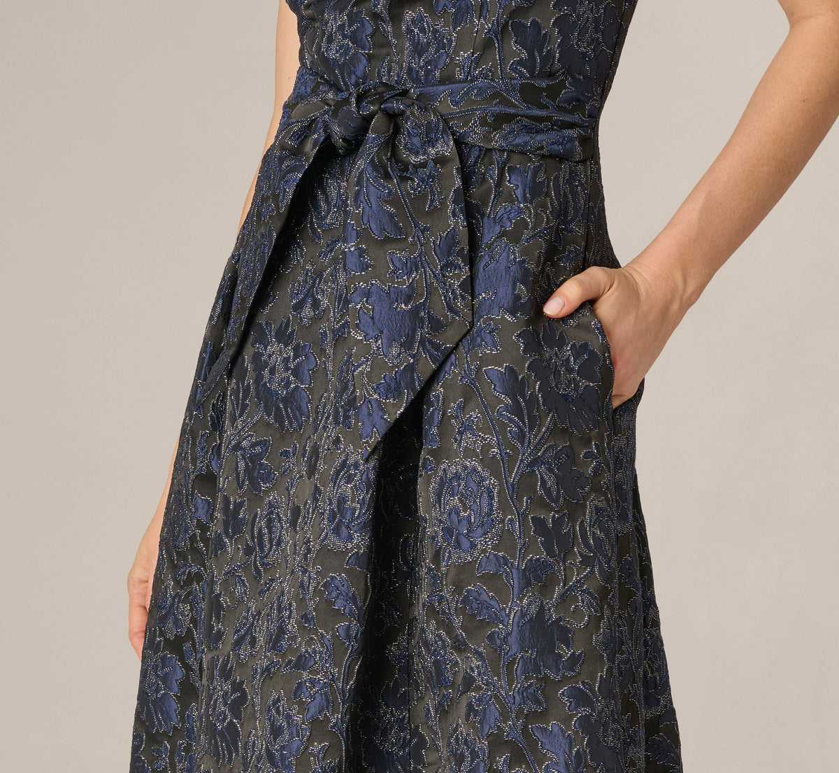 Jacquard Tie Front Fit And Flare Midi Dress - Black Navy | Adrianna Papell