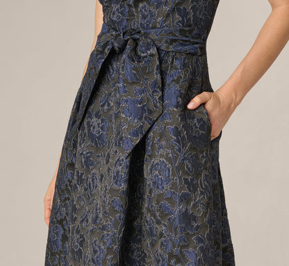 Jacquard Tie Front Fit And Flare Midi Dress - Black Navy | Adrianna Papell