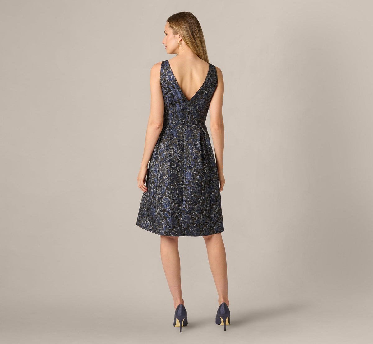 Jacquard Tie Front Fit And Flare Midi Dress - Black Navy | Adrianna Papell