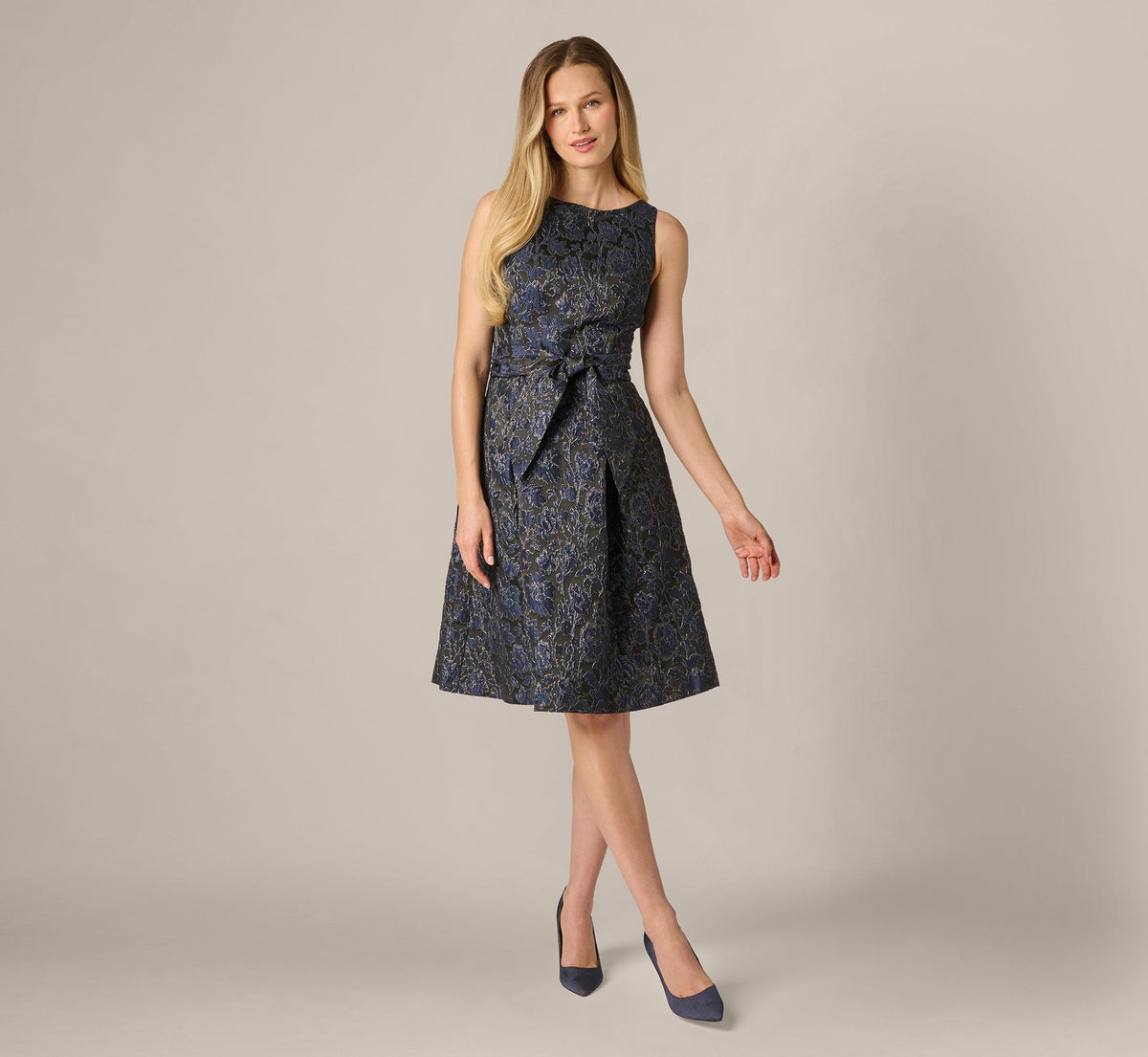 Jacquard Tie Front Fit And Flare Midi Dress - Black Navy | Adrianna Papell