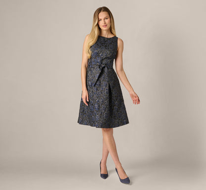 Jacquard Tie Front Fit And Flare Midi Dress - Black Navy | Adrianna Papell