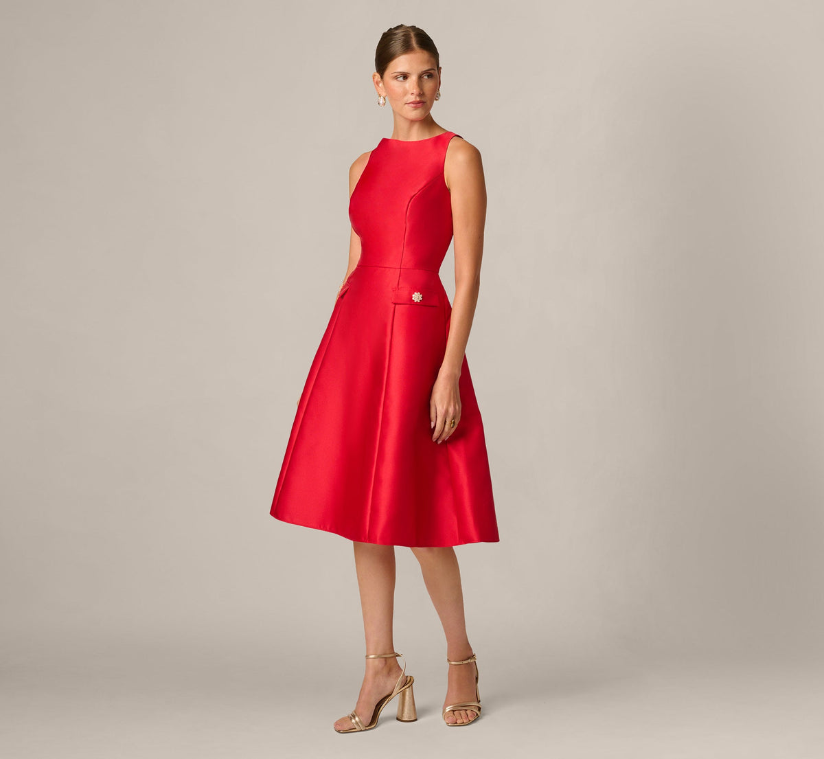 Sleeveless Bateau A Line Midi Dress - Red | Adrianna Papell