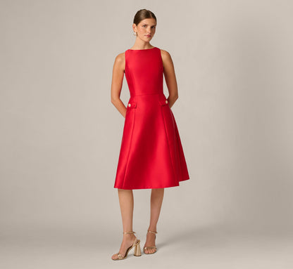 Sleeveless Bateau A Line Midi Dress - Red | Adrianna Papell