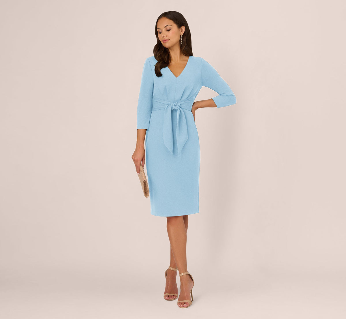 Three Quarter Sleeve Pleated Midi Dress With Tie Waist - Blue Mist | Adrianna Papell