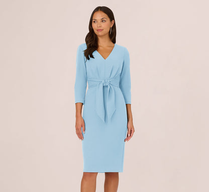 Three Quarter Sleeve Pleated Midi Dress With Tie Waist - Blue Mist | Adrianna Papell