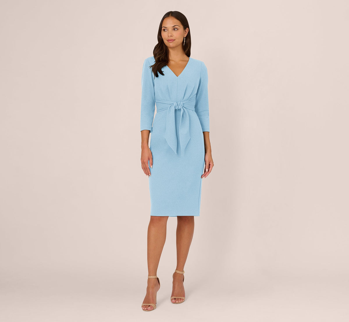 Three Quarter Sleeve Pleated Midi Dress With Tie Waist - Blue Mist | Adrianna Papell