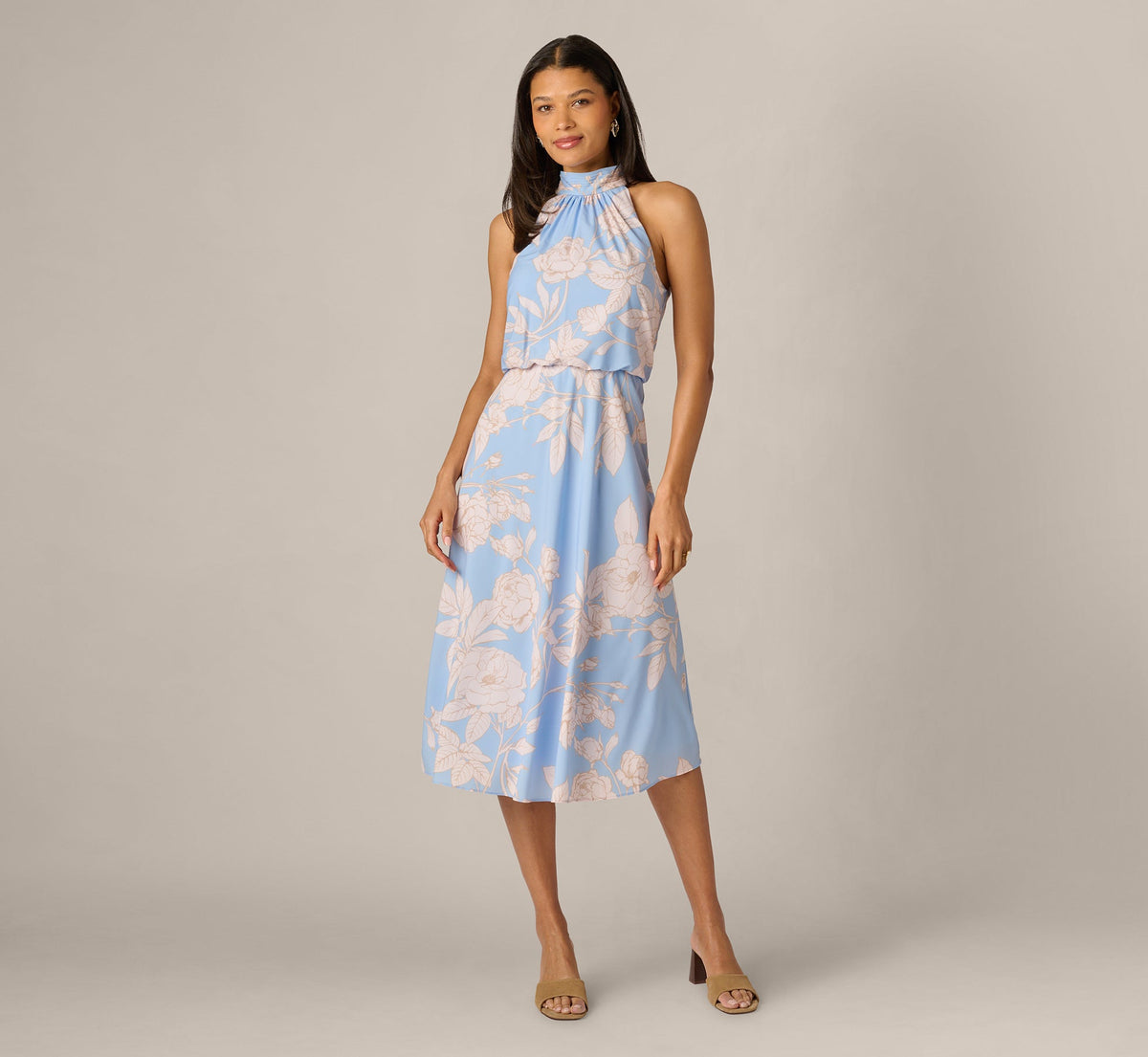 Floral Chiffon Blouson Halter Midi Dress - Blue Ivory | Adrianna Papell