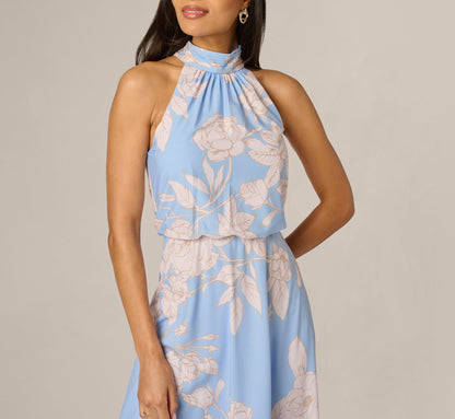 Floral Chiffon Blouson Halter Midi Dress - Blue Ivory | Adrianna Papell