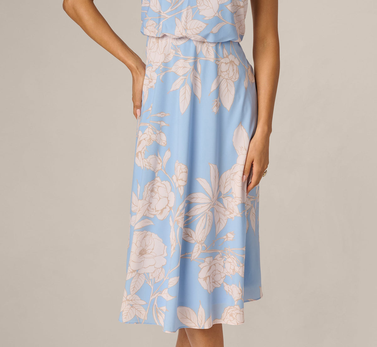 Floral Chiffon Blouson Halter Midi Dress - Blue Ivory | Adrianna Papell
